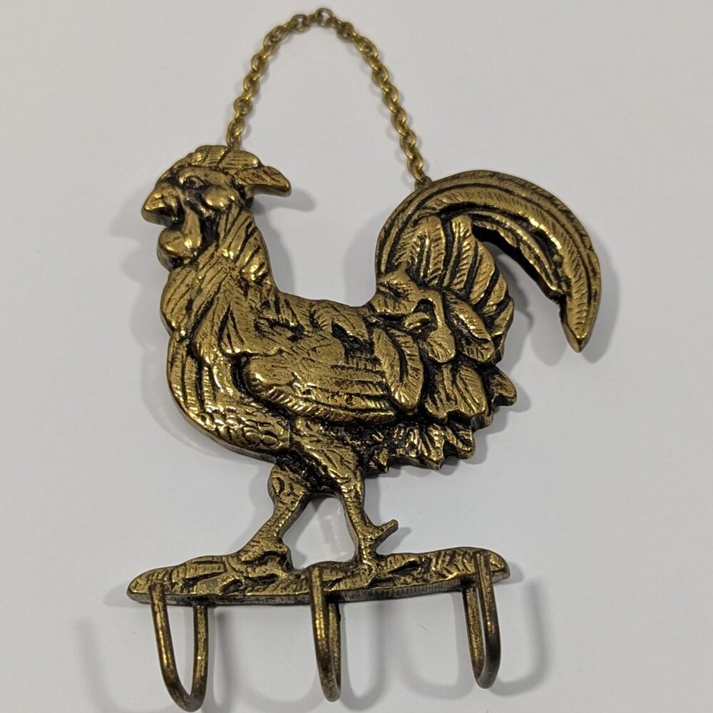 Vintage Solid Brass Rooster Key Holder Farmhouse Wall Decor 5"
